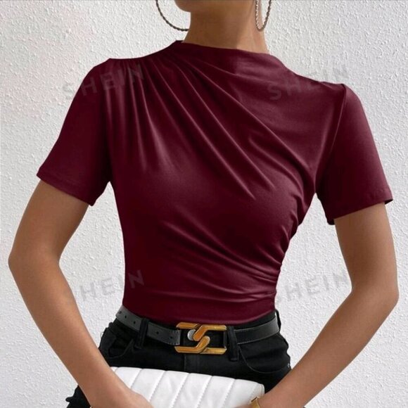 SHEIN Prive` Ruched Mock Neck Tee - Picture 6 of 7